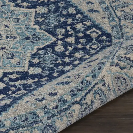 5' Ivory And Navy Blue Floral Medallion Distressed Round Rug Photo 5