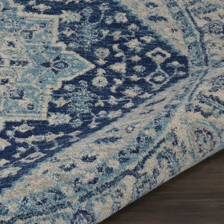 5' Ivory And Navy Blue Floral Medallion Distressed Round Rug Photo 5