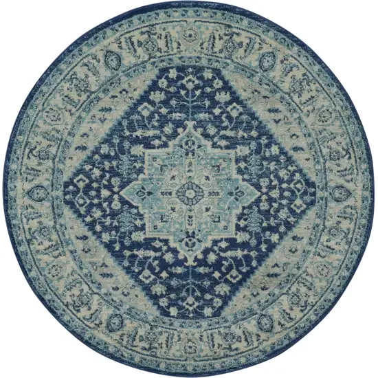 5' Ivory And Navy Blue Floral Medallion Distressed Round Rug Photo 1