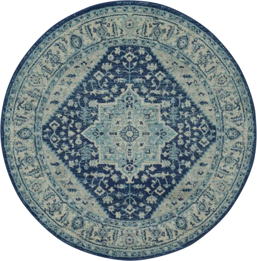 5' Ivory And Navy Blue Floral Medallion Distressed Round Rug Photo 1