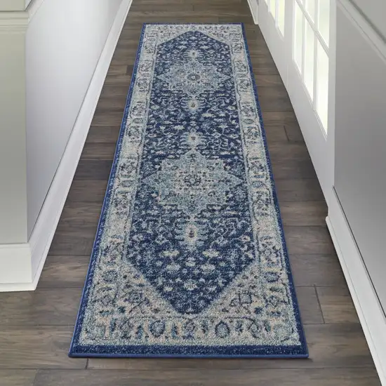 7' Ivory And Navy Blue Floral Medallion Distressed Runner Rug Photo 4