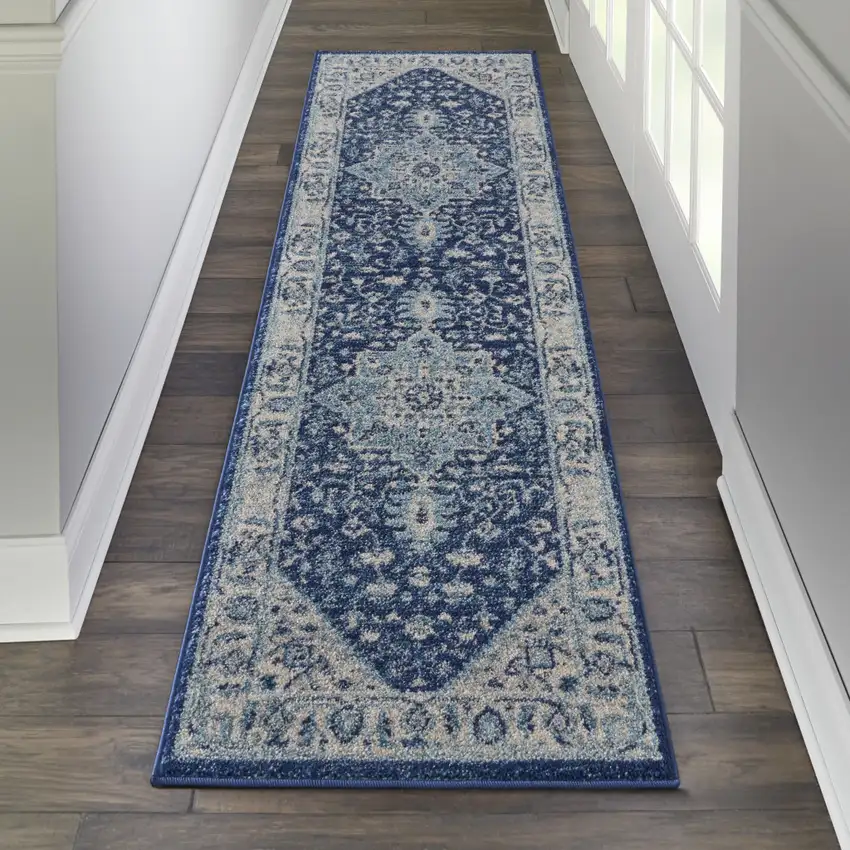 7' Ivory And Navy Blue Floral Medallion Distressed Runner Rug Photo 4