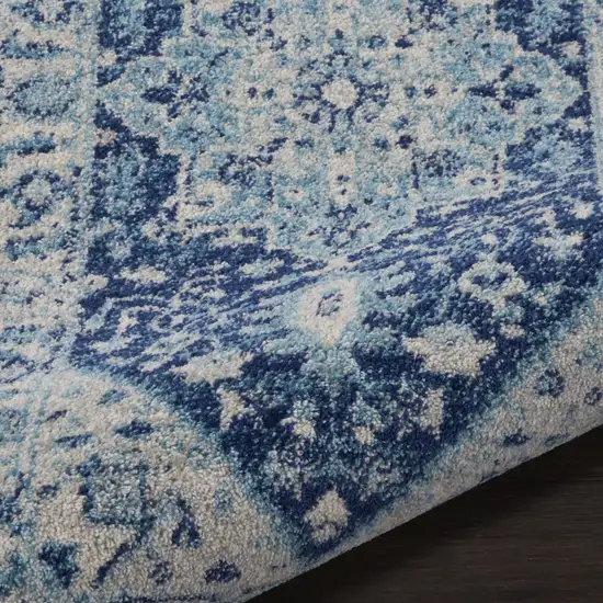 7' Ivory And Navy Blue Floral Medallion Distressed Runner Rug Photo 5