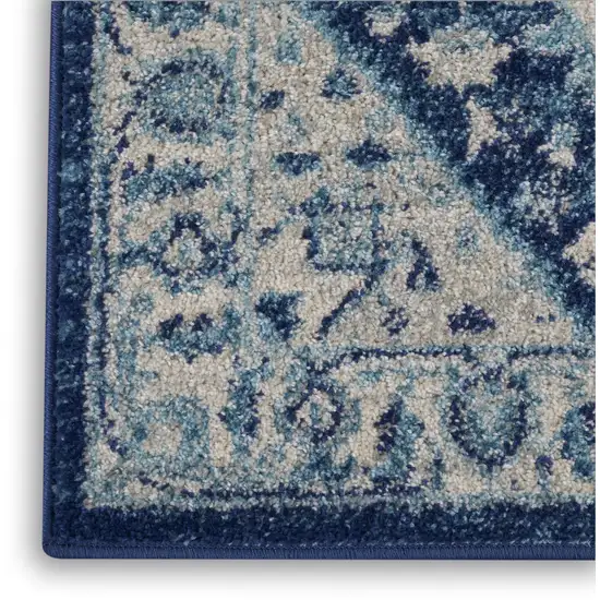 7' Ivory And Navy Blue Floral Medallion Distressed Runner Rug Photo 6