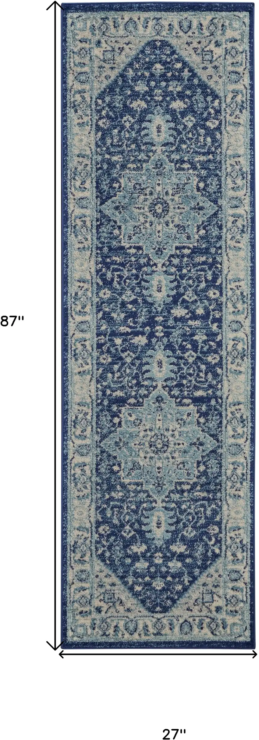 7' Ivory And Navy Blue Floral Medallion Distressed Runner Rug Photo 3