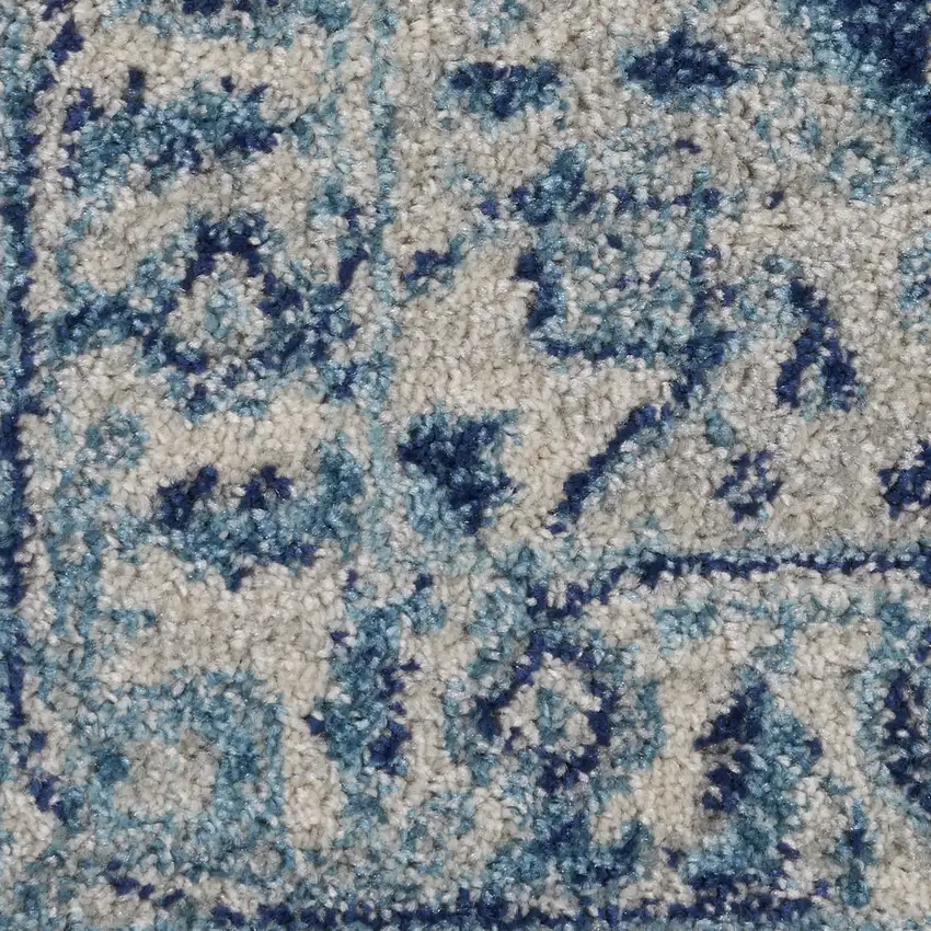 7' Ivory And Navy Blue Floral Medallion Distressed Runner Rug Photo 9