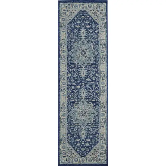 7' Ivory And Navy Blue Floral Medallion Distressed Runner Rug Photo 7