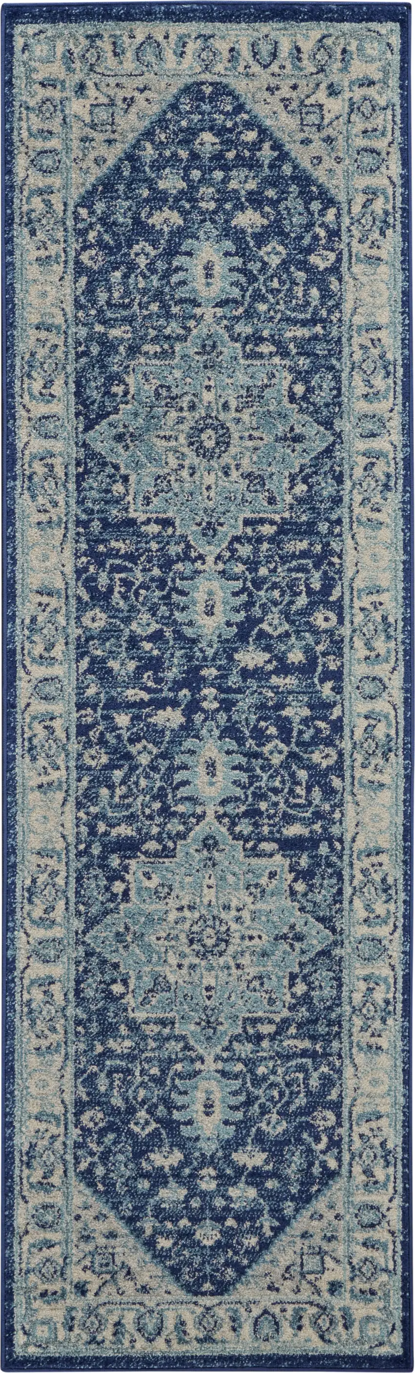 7' Ivory And Navy Blue Floral Medallion Distressed Runner Rug Photo 7