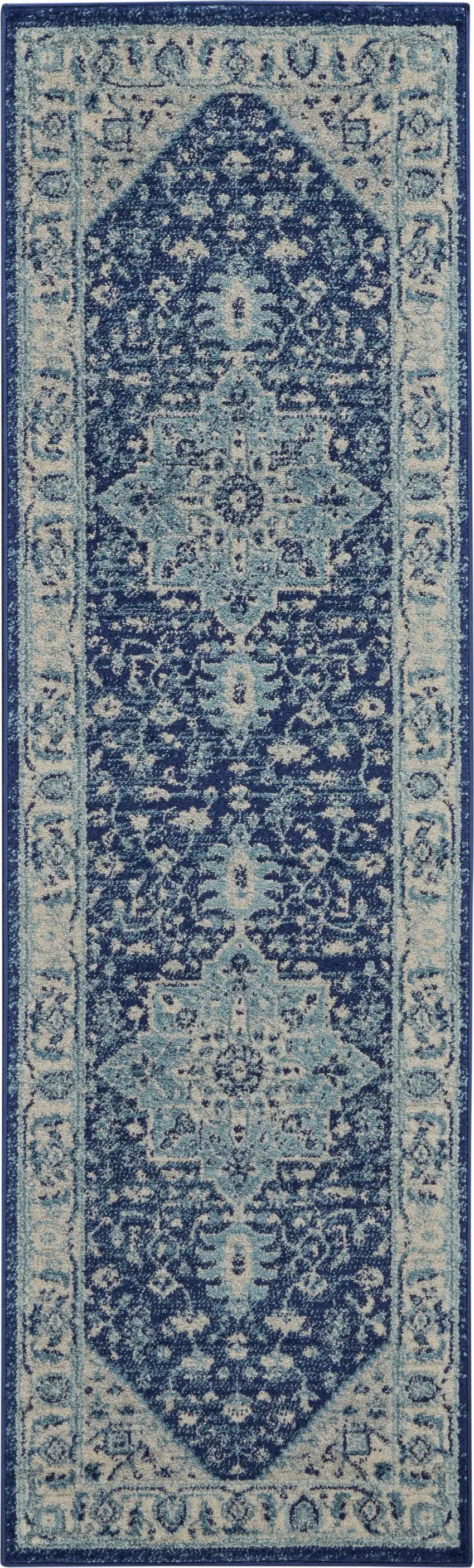 7' Ivory And Navy Blue Floral Medallion Distressed Runner Rug Photo 2