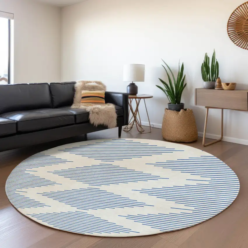 8' Ivory And Navy Blue Geometric Washable Round Rug With UV Protection Photo 4