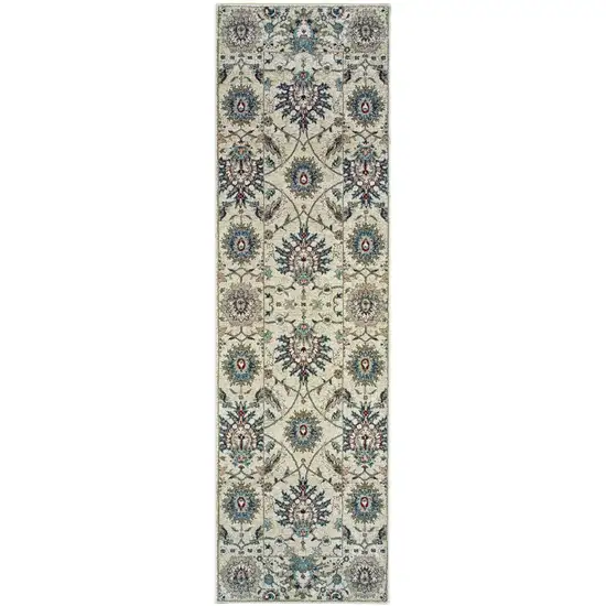 8' Ivory And Navy Blue Oriental Runner Rug Photo 2