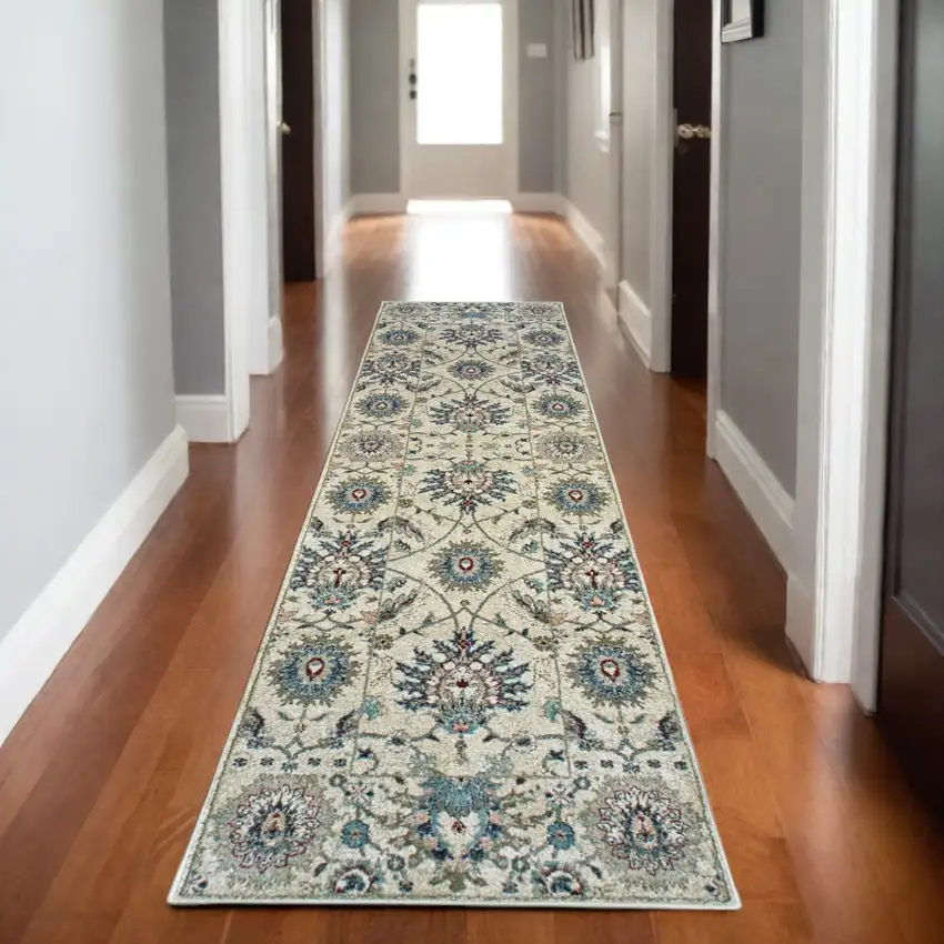 8' Ivory And Navy Blue Oriental Runner Rug Photo 1