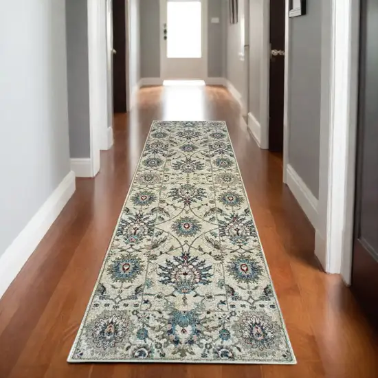 8' Ivory And Navy Blue Oriental Runner Rug Photo 1