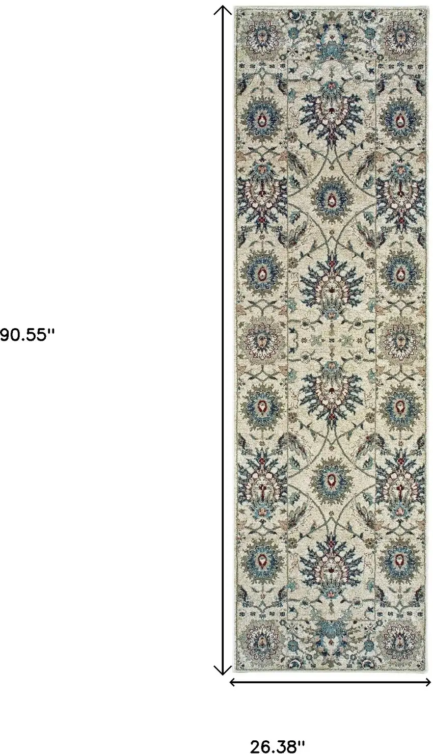8' Ivory And Navy Blue Oriental Runner Rug Photo 3