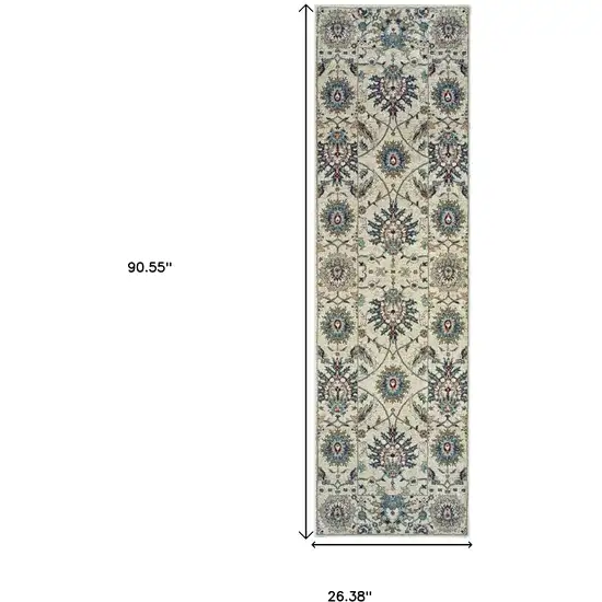 8' Ivory And Navy Blue Oriental Runner Rug Photo 3