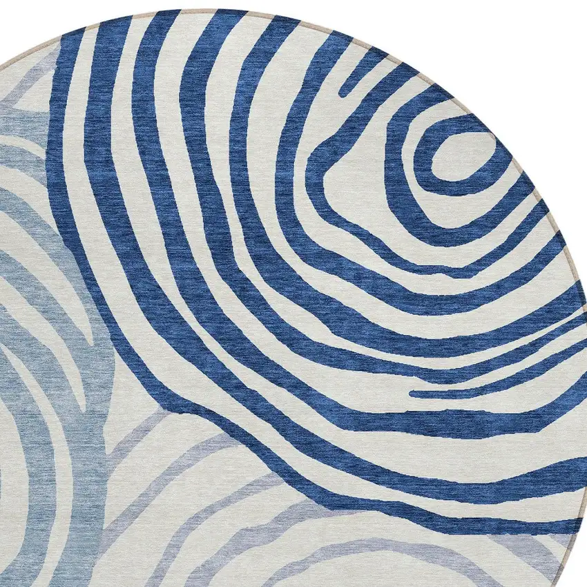 8' Ivory And Navy Blue Round Abstract Washable Indoor Outdoor Area Rug Photo 5