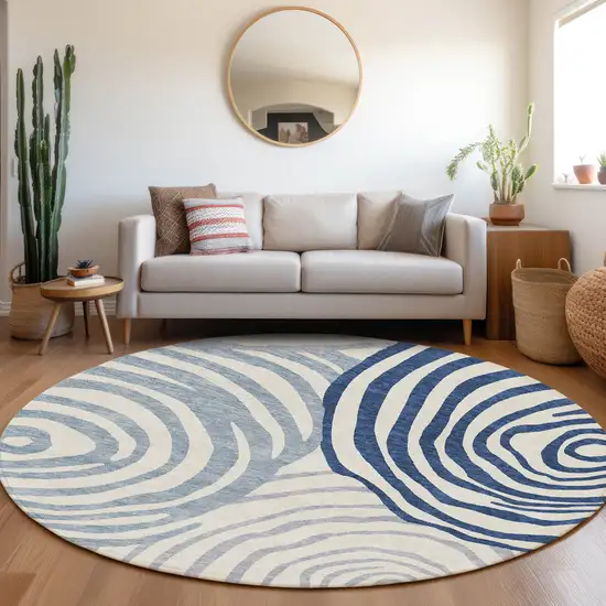 8' Ivory And Navy Blue Round Abstract Washable Indoor Outdoor Area Rug Photo 7