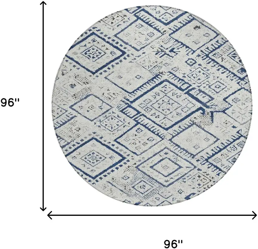8' Ivory And Navy Blue Round Geometric Washable Indoor Outdoor Area Rug Photo 8