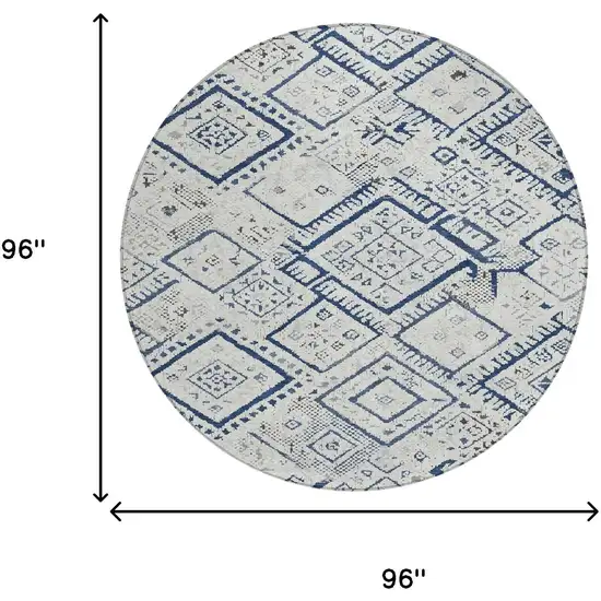 8' Ivory And Navy Blue Round Geometric Washable Indoor Outdoor Area Rug Photo 8
