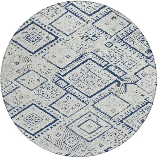 8' Ivory And Navy Blue Round Geometric Washable Indoor Outdoor Area Rug Photo 3