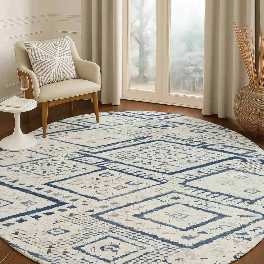 8' Ivory And Navy Blue Round Geometric Washable Indoor Outdoor Area Rug Photo 5