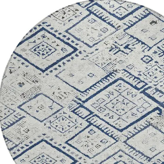 8' Ivory And Navy Blue Round Geometric Washable Indoor Outdoor Area Rug Photo 2