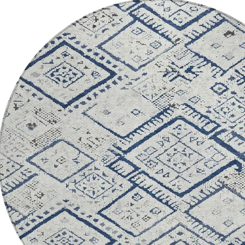 8' Ivory And Navy Blue Round Geometric Washable Indoor Outdoor Area Rug Photo 2