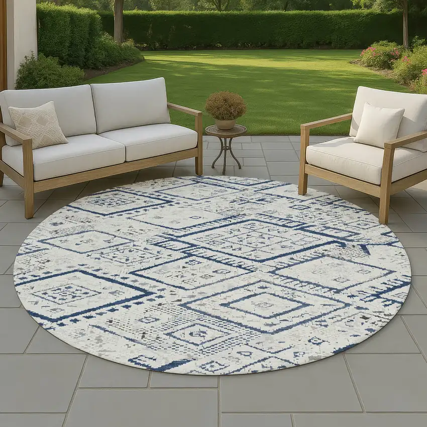 8' Ivory And Navy Blue Round Geometric Washable Indoor Outdoor Area Rug Photo 4