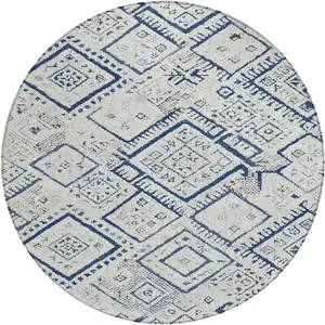 Photo of 8' Ivory And Navy Blue Round Geometric Washable Indoor Outdoor Area Rug
