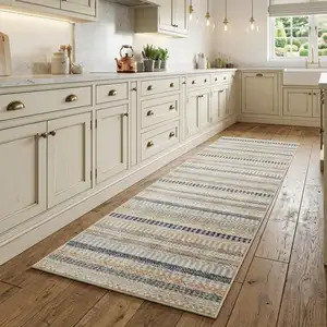 Photo of 8' Ivory And Navy Blue Striped Runner Rug