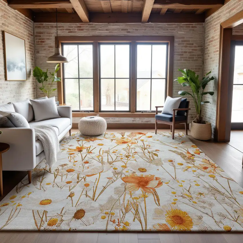 8' Ivory And Orange Floral Washable Area Rug With UV Protection Photo 5