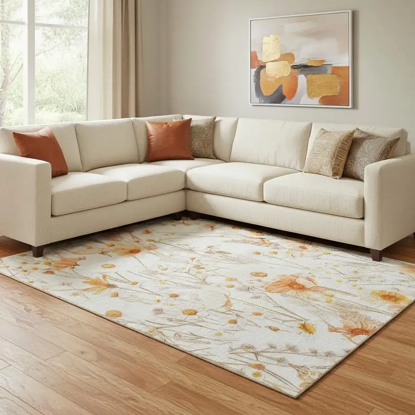 8' Ivory And Orange Floral Washable Area Rug With UV Protection Photo 2
