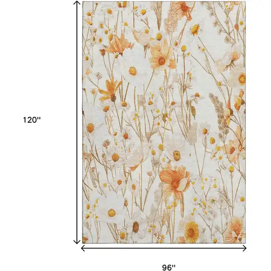 8' Ivory And Orange Floral Washable Area Rug With UV Protection Photo 6