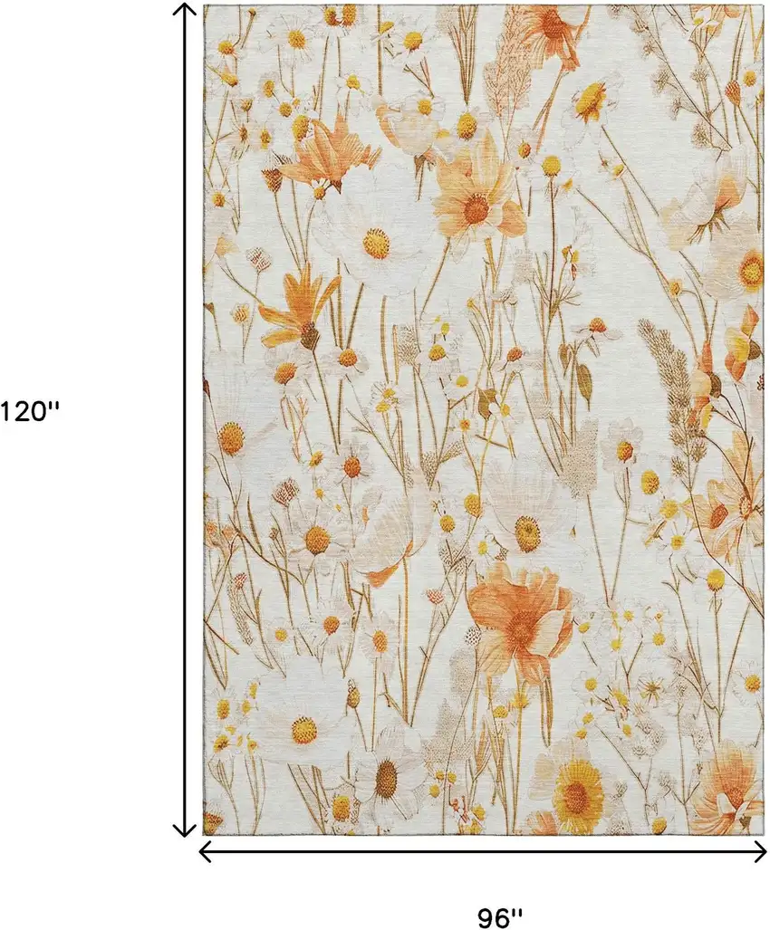 8' Ivory And Orange Floral Washable Area Rug With UV Protection Photo 6