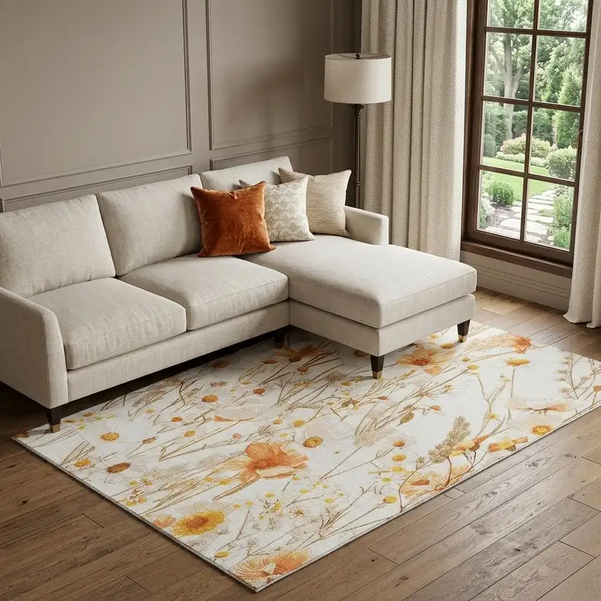 8' Ivory And Orange Floral Washable Area Rug With UV Protection Photo 1