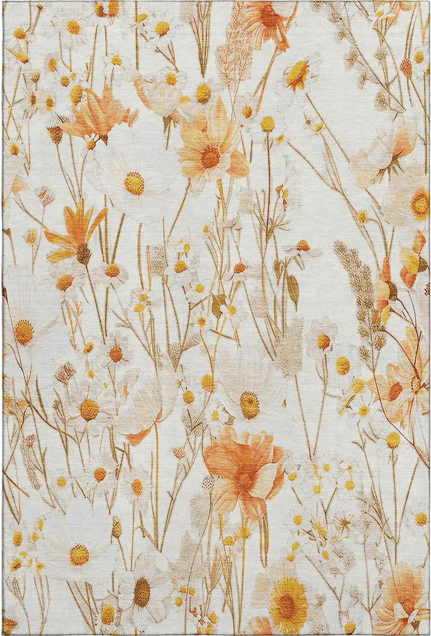 8' Ivory And Orange Floral Washable Area Rug With UV Protection Photo 1