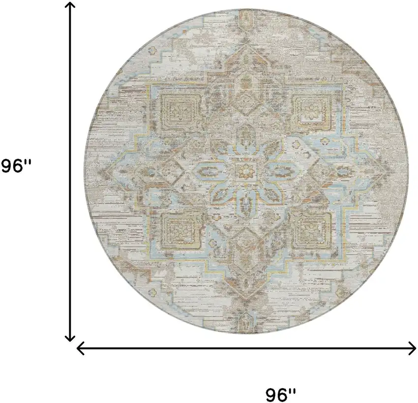 8' Ivory And Orange Round Oriental Washable Indoor Outdoor Area Rug Photo 7