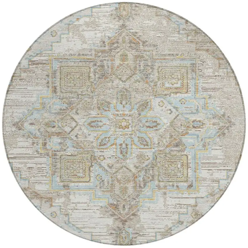8' Ivory And Orange Round Oriental Washable Indoor Outdoor Area Rug Photo 3
