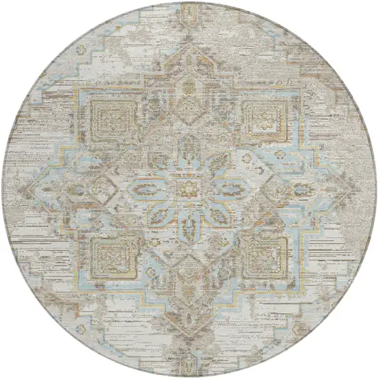8' Ivory And Orange Round Oriental Washable Indoor Outdoor Area Rug Photo 2