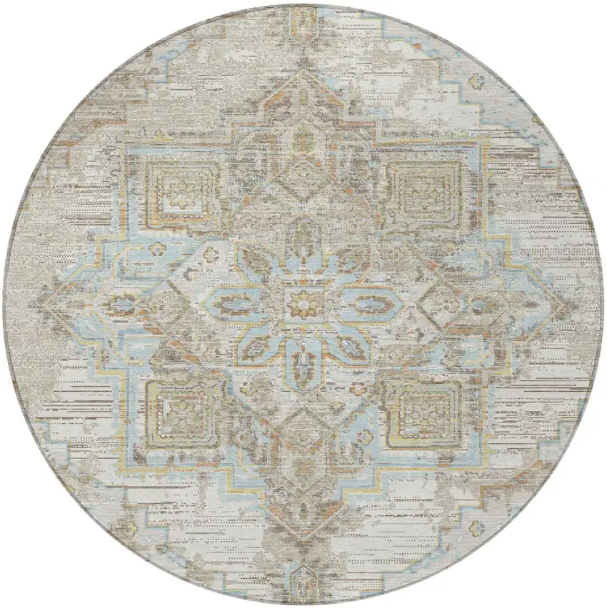 8' Ivory And Orange Round Oriental Washable Indoor Outdoor Area Rug Photo 4