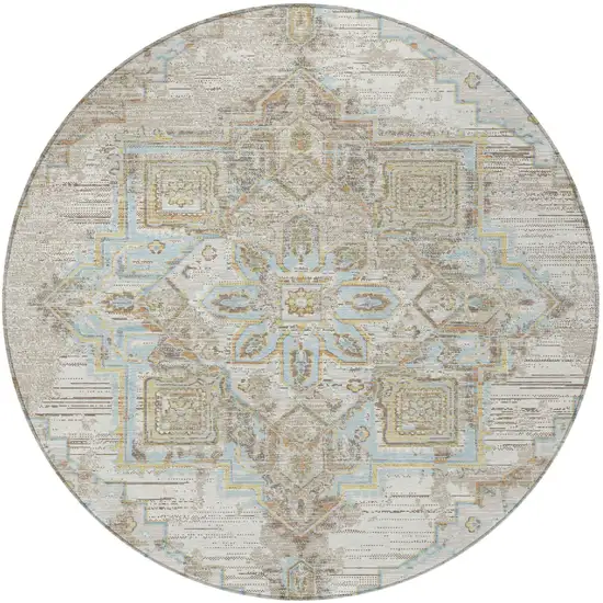 8' Ivory And Orange Round Oriental Washable Indoor Outdoor Area Rug Photo 4