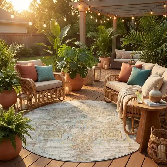 8' Ivory And Orange Round Oriental Washable Indoor Outdoor Area Rug Photo 1