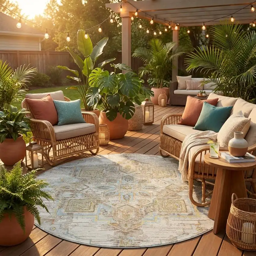 8' Ivory And Orange Round Oriental Washable Indoor Outdoor Area Rug Photo 1