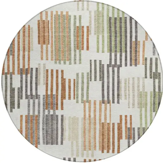 8' Ivory And Orange Round Striped Washable Indoor Outdoor Area Rug Photo 3