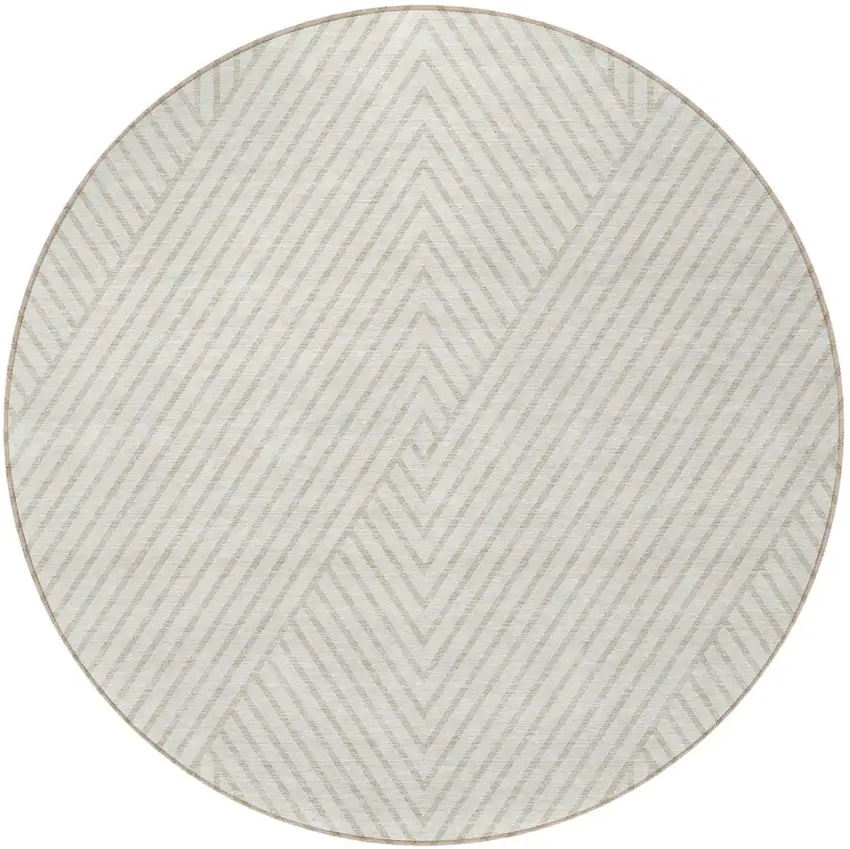 8' Ivory And Pale Beige Round Geometric Washable Indoor Outdoor Area Rug Photo 5