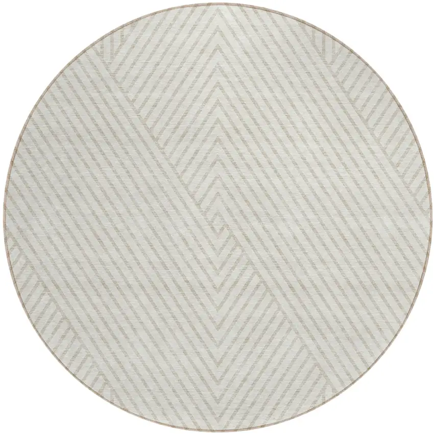 8' Ivory And Pale Beige Round Geometric Washable Indoor Outdoor Area Rug Photo 2