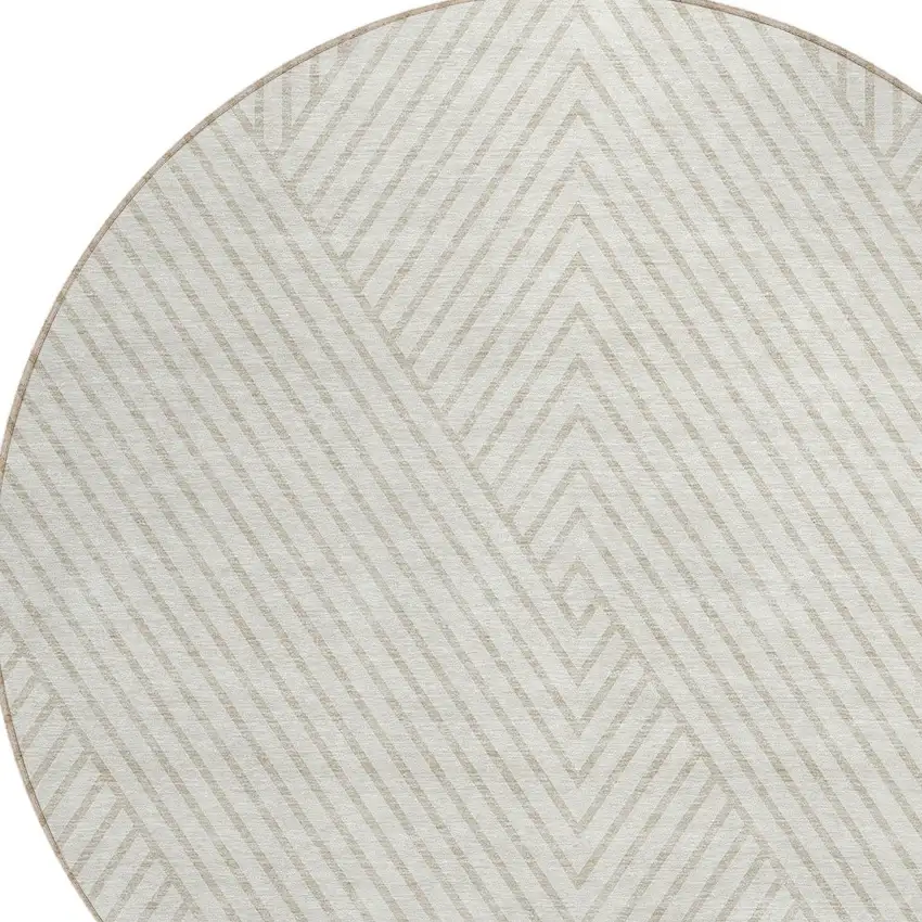 8' Ivory And Pale Beige Round Geometric Washable Indoor Outdoor Area Rug Photo 4