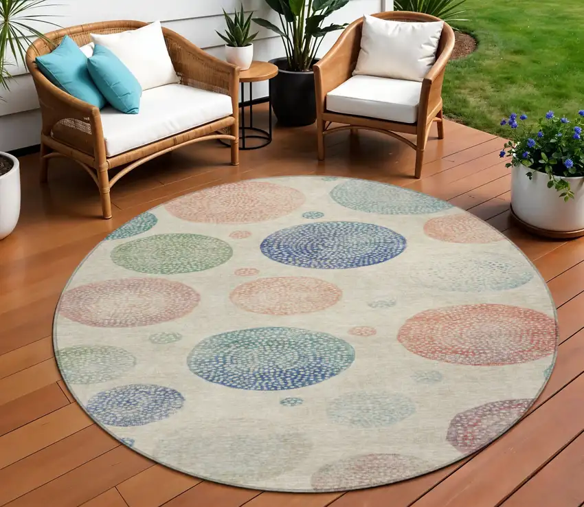 8' Ivory And Peach Round Geometric Washable Indoor Outdoor Area Rug Photo 2