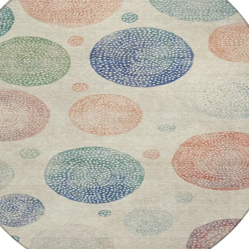 8' Ivory And Peach Round Geometric Washable Indoor Outdoor Area Rug Photo 4
