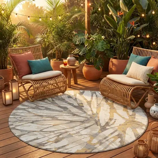 8' Ivory And Pewter Round Abstract Washable Indoor Outdoor Area Rug Photo 1